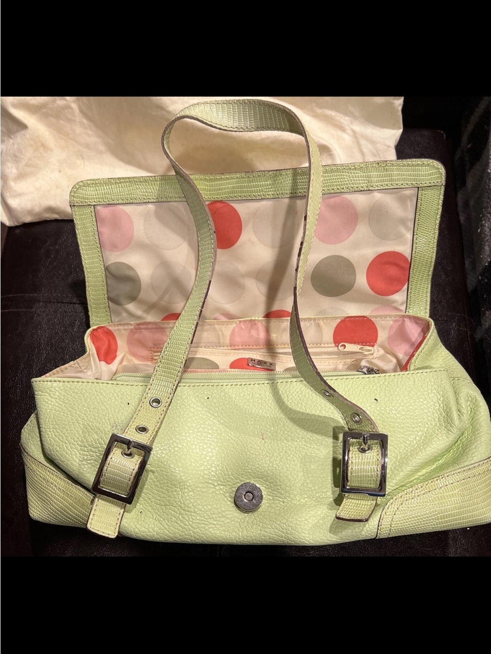 Maxx NY Light Green (pistachio) Pebbled & Textured Leather Buckle Accent Handbag